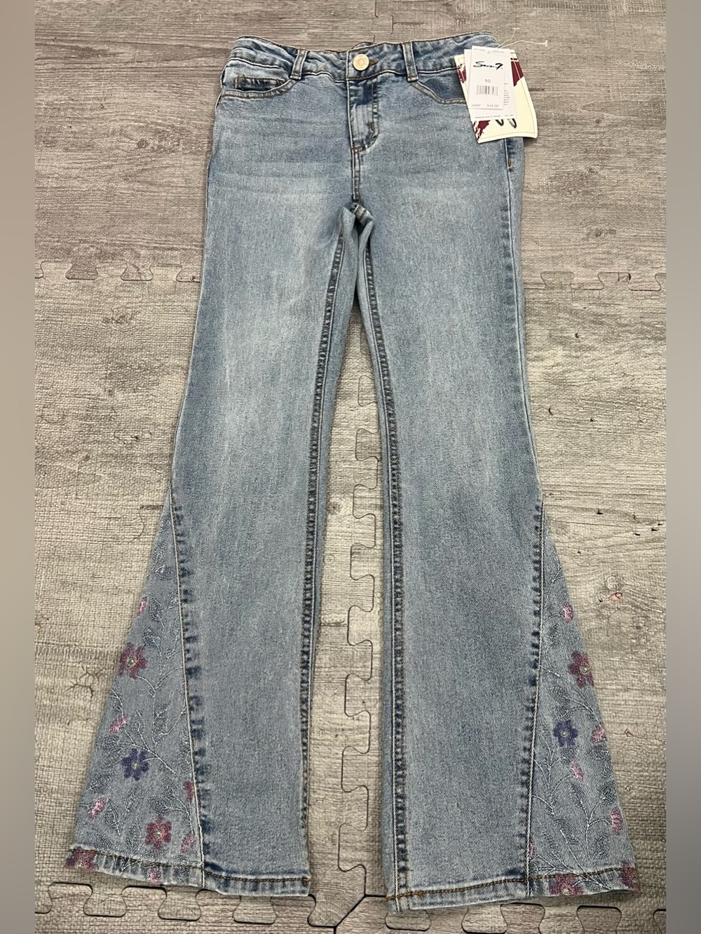 Seven7 Girls Size 10 Light Wash Flared Denim Jeans Floral Embroidered Hem